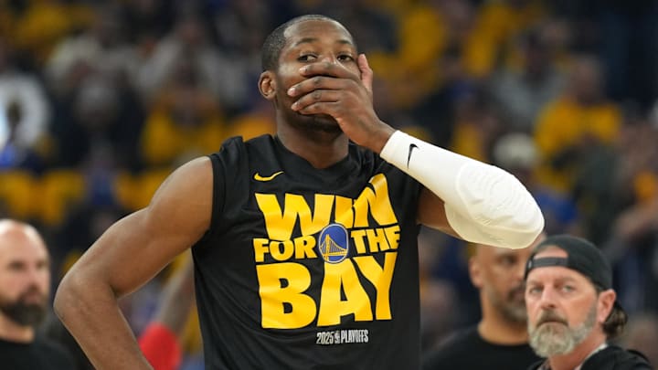 Apr 26, 2025; San Francisco, California, USA; Golden State Warriors forward Jonathan Kuminga (00) before game three of first round for the 2024 NBA Playoffs against the Houston Rockets at Chase Center. Mandatory Credit: Darren Yamashita-Imagn Images