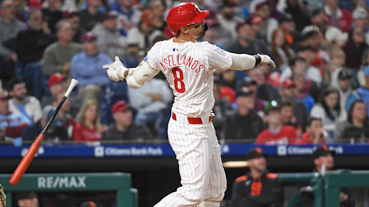 Apr 14, 2025; Philadelphia, Pennsylvania, USA; Philadelphia Phillies outfielder Nick Castellanos (8) watches his home run during the fifth inning against the San Francisco Giants at Citizens Bank Park. Apr 14, 2025; Philadelphia, Pennsylvania, USA; Philadelphia Phillies outfielder Nick Castellanos (8) watches his home run during the fifth inning against the San Francisco Giants at Citizens Bank Park.