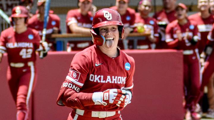 Oklahoma junior Kasidi Pickering celebrates after drawing a walk in the Norman Super Regional.