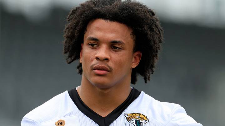 Jacksonville Jaguars safety Jalen Huskey (22) looks on during rookie minicamp at the Miller Electric Center, Saturday, May 9, 2026 in Jacksonville, Fla. Today was the second of a three day camp concluding Sunday.