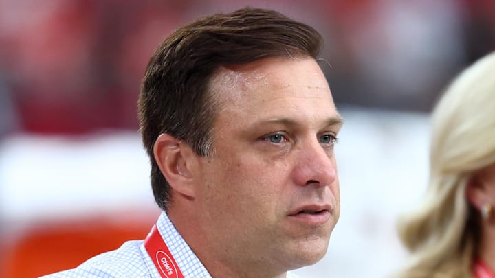 Aug 9, 2025; Glendale, Arizona, USA; Kansas City Chiefs general manager Brett Veach against the Arizona Cardinals during a preseason NFL game at State Farm Stadium. Mandatory Credit: Mark J. Rebilas-Imagn Images