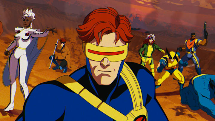 (L-R): Morph (voiced by JP Karliak), Storm (voiced by Alison Sealy-Smith), Gambit (voiced by AJ LoCascio), Cyclops (voiced by Ray Chase), Rogue (voiced by Lenore Zann), Wolverine (voiced by Cal Dodd), Bishop (voiced by Isaac Robinson-Smith), Beast (voiced by George Buza) in Marvel Animation's X-MEN '97. 