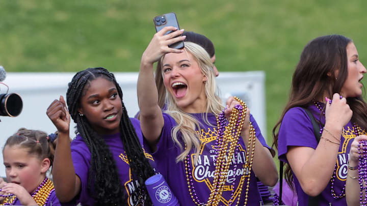 Livvy Dunne takes a selfie with teammate Kiya Johnson during LSU's National Championship Parade and Celebration.