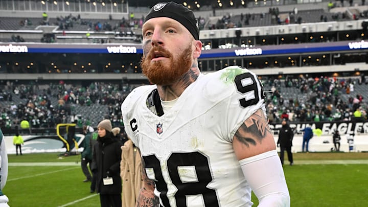 Dec 14, 2025; Philadelphia, Pennsylvania, USA; Las Vegas Raiders defensive end Maxx Crosby (98) on the field after loss to the Philadelphia Eagles at Lincoln Financial Field. 