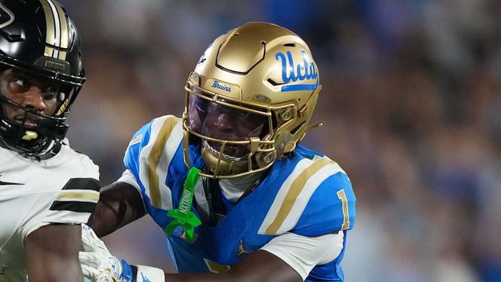 Sep 19, 2026; Pasadena, California, USA;Purdue Boilermakers wide receiver Xavier Townsend (3) carries the ball against UCLA Bruins defensive back Scooter Jackson (1) in the first half at the Rose Bowl. Mandatory Credit: Kirby Lee-Imagn Images Sep 19, 2026; Pasadena, California, USA;Purdue Boilermakers wide receiver Xavier Townsend (3) carries the ball against UCLA Bruins defensive back Scooter Jackson (1) in the first half at the Rose Bowl. Mandatory Credit: Kirby Lee-Imagn Images