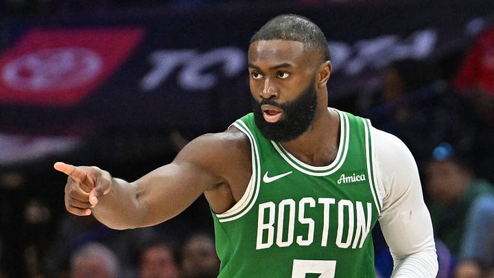 Philadelphia, Pennsylvania, USA; Boston Celtics guard Jaylen Brown (7) reacts after making a three point basket against the Philadelphia 76ers during the second half at Xfinity Mobile Arena on April 26, 2026.
