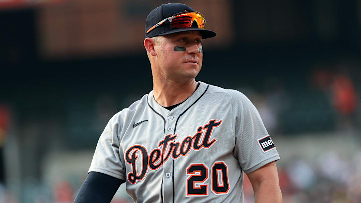 Jun 12, 2025; Baltimore, Maryland, USA; Detroit Tigers first baseman Spencer Torkelson (20) looks on before a game against the Baltimore Orioles at Oriole Park at Camden Yards. 