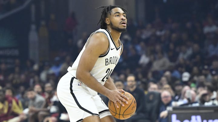 Mar 11, 2025; Cleveland, Ohio, USA; Brooklyn Nets guard Cam Thomas (24) looks to the basket in the first quarter against the Cleveland Cavaliers at Rocket Arena. Mandatory Credit: David Richard-Imagn Images