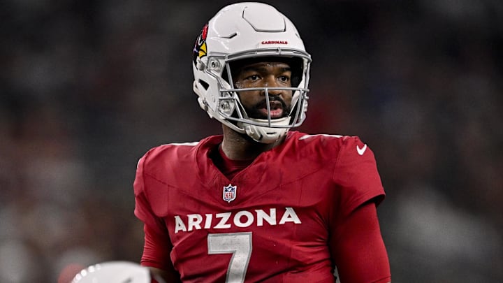 Nov 3, 2025; Arlington, Texas, USA; Arizona Cardinals quarterback Jacoby Brissett (7) sets the play at the line during the game between the Dallas Cowboys and the Arizona Cardinals at AT&T Stadium. Mandatory Credit: Jerome Miron-Imagn Images