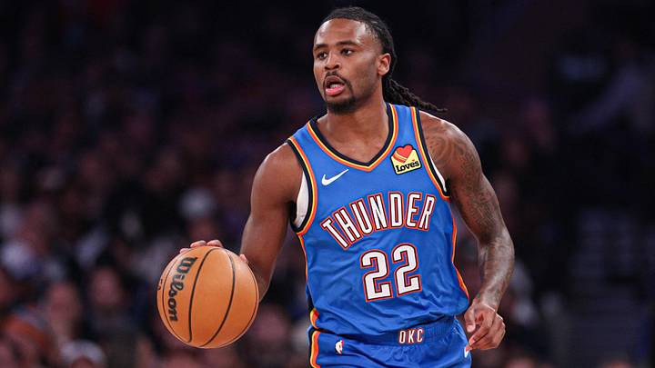 Mar 4, 2026; New York, New York, USA; Oklahoma City Thunder guard Cason Wallace (22) dribbles up court against the New York Knicks during the first half at Madison Square Garden. Mandatory Credit: Vincent Carchietta-Imagn Images Mar 4, 2026; New York, New York, USA; Oklahoma City Thunder guard Cason Wallace (22) dribbles up court against the New York Knicks during the first half at Madison Square Garden. Mandatory Credit: Vincent Carchietta-Imagn Images