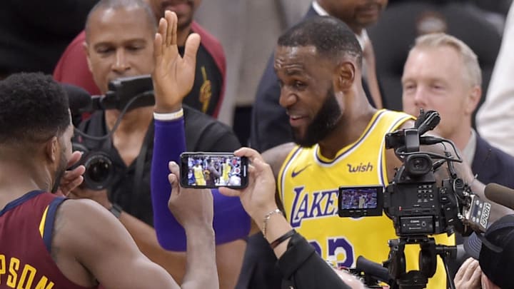 Nov 21, 2018; Cleveland, OH, USA; Los Angeles Lakers forward LeBron James (23) talks with Cleveland Cavaliers center Tristan Thompson (13) after a game at Quicken Loans Arena. Mandatory Credit: David Richard-Imagn Images