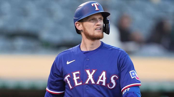 May 12, 2023; Oakland, California, USA; Texas Rangers designated hitter Sam Huff (55) during the second inning against the Oakland Athletics at Oakland-Alameda County Coliseum May 12, 2023; Oakland, California, USA; Texas Rangers designated hitter Sam Huff (55) during the second inning against the Oakland Athletics at Oakland-Alameda County Coliseum