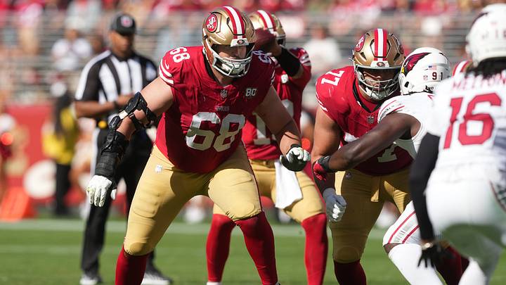 Sep 27, 2026; Santa Clara, California, USA; San Francisco 49ers offensive tackle Colton McKivitz (68) during the fourth quarter against the Arizona Cardinals at Levi's Stadium. Mandatory Credit: Darren Yamashita-Imagn Images Sep 27, 2026; Santa Clara, California, USA; San Francisco 49ers offensive tackle Colton McKivitz (68) during the fourth quarter against the Arizona Cardinals at Levi's Stadium. Mandatory Credit: Darren Yamashita-Imagn Images