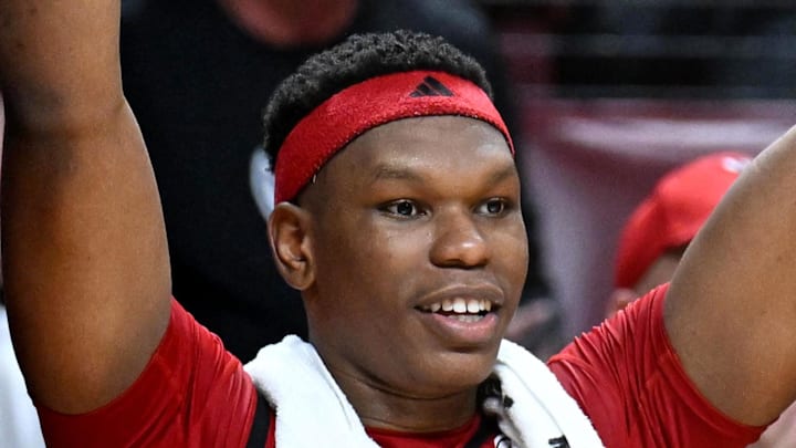 Jan 10, 2026; Tallahassee, Florida, USA; North Carolina State Wolfpack forward Ven-Allen Lubin (22) and guard Alyn Breed (7) celebrate a 3-point shot during the second half against the Florida State Seminoles at Donald L. Tucker Center. Mandatory Credit: Melina Myers-Imagn Images