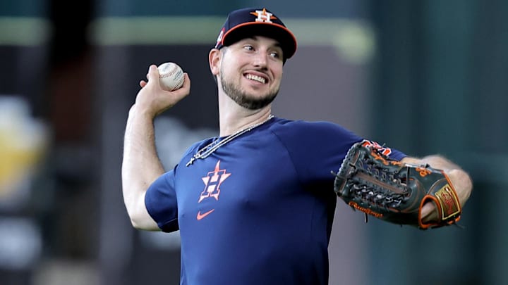Aug 16, 2024; Houston, Texas, USA; Houston Astros right fielder Kyle Tucker (30) works out prior to the game against the Chicago White Sox at Minute Maid Park