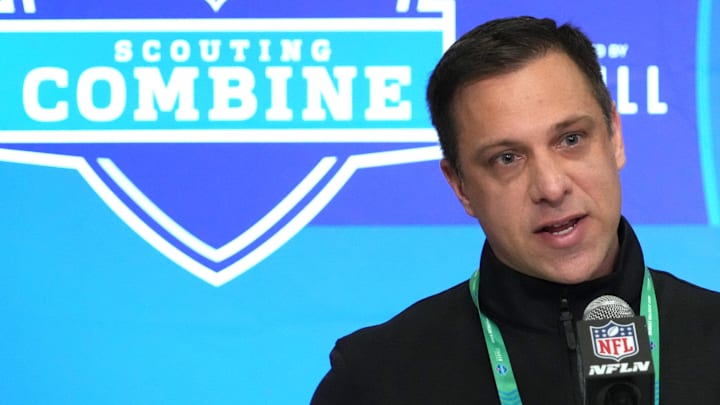 Feb 27, 2024; Indianapolis, IN, USA; Kansas City Chiefs general manager Brett Veach speaks during a press conference at the NFL Scouting Combine at Indiana Convention Center. Mandatory Credit: Kirby Lee-Imagn Images