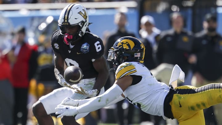 Iowa Hawkeyes defensive back TJ Hall (2) breaks up a pass to Vanderbilt Commodores wide receiver Tre Richardson (6)