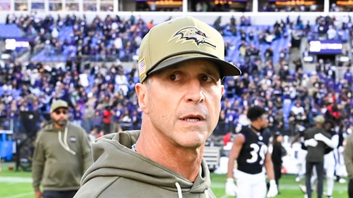 Baltimore Ravens head coach John Harbaugh looks on after the game against the Chicago Bears