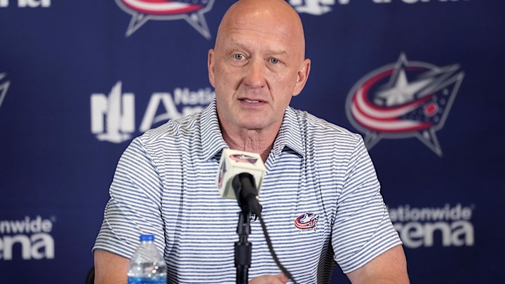Jul 1, 2023; Columbus, OH, USA; Columbus Blue Jackets General Manager Jarmo Kekalainen speaks after hiring Mike Babcock as the new head coach during a press conference at Nationwide Arena. Mandatory Credit: Kyle Robertson-USA TODAY NETWORK