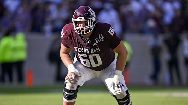 Texas A&M Aggies offensive lineman Trey Zuhn III lines up during the game between the Aggies and the Hurricanes at Kyle Field. 