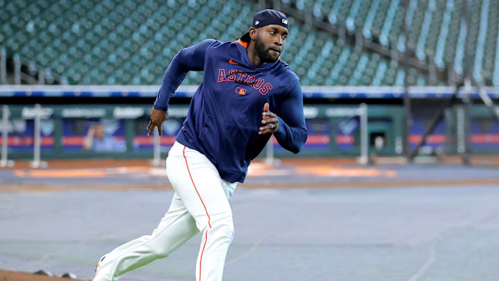 May 23, 2025; Houston, Texas, USA; Houston Astros designated hitter Yordan Alvarez (44) works out prior to the game against the Seattle Mariners at Daikin Park. May 23, 2025; Houston, Texas, USA; Houston Astros designated hitter Yordan Alvarez (44) works out prior to the game against the Seattle Mariners at Daikin Park.