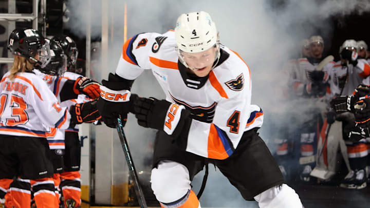 Lehigh Valley Phantoms defenseman Ty Murchison (4) skates out onto the ice before the Phantoms' home opener against the Belleville Senators on October 11, 2025. The Phantoms defeated the Senators, 5-2.