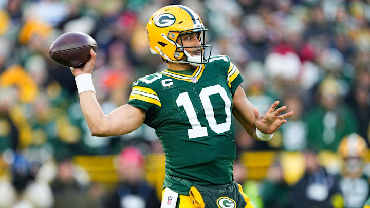 Dec 7, 2025; Green Bay, Wisconsin, USA; Green Bay Packers quarterback Jordan Love (10) throws the ball in the first quarter against the Chicago Bears at Lambeau Field. Dec 7, 2025; Green Bay, Wisconsin, USA; Green Bay Packers quarterback Jordan Love (10) throws the ball in the first quarter against the Chicago Bears at Lambeau Field.