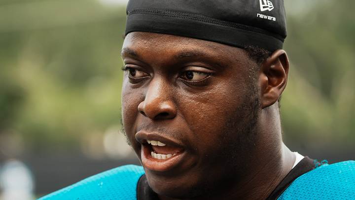 Jacksonville Jaguars guard Emmanuel Pregnon (75) talks to the media after a joint Buccaneers‑Jaguars NFL practice Wednesday, August 26, 2026 at the Miller Electric Center in Jacksonville, Fla. [Doug Engle/Florida Times-Union]