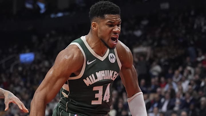 Nov 4, 2025; Toronto, Ontario, CAN; Milwaukee Bucks forward Giannis Antetokounmpo (34) reacts after making a basket against the Toronto Raptors during the first half at Scotiabank Arena. Mandatory Credit: John E. Sokolowski-Imagn Images Nov 4, 2025; Toronto, Ontario, CAN; Milwaukee Bucks forward Giannis Antetokounmpo (34) reacts after making a basket against the Toronto Raptors during the first half at Scotiabank Arena. Mandatory Credit: John E. Sokolowski-Imagn Images