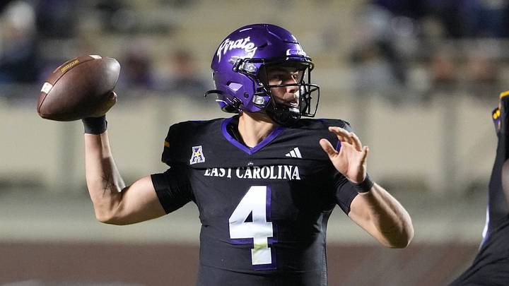 Oct 16, 2025; Greenville, North Carolina, USA; East Carolina Pirates quarterback Katin Houser (4) throws the ball against the Tulsa Golden Hurricane during the second half at Dowdy-Ficklen Stadium. Mandatory Credit: James Guillory-Imagn Images Oct 16, 2025; Greenville, North Carolina, USA; East Carolina Pirates quarterback Katin Houser (4) throws the ball against the Tulsa Golden Hurricane during the second half at Dowdy-Ficklen Stadium. Mandatory Credit: James Guillory-Imagn Images