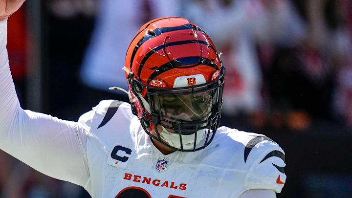 Cincinnati Bengals defensive end Trey Hendrickson (91) celebrates as time winds down in the fourth quarter of the NFL Week 1 game between the Cleveland Browns and the Cincinnati Bengals at Huntington Bank Field in Cleveland on Sunday, Sept. 7, 2025. The Bengals begin the season with a 17-16 win over the Browns.