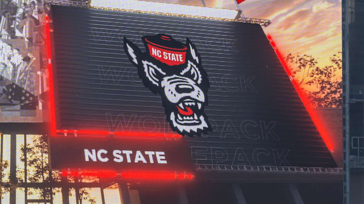 Oct 11, 2025; South Bend, Indiana, USA; Notre Dame Fighting Irish and NC State Wolfpack logos on the scoreboard before the matchup at Notre Dame Stadium. Mandatory Credit: Michael Caterina-Imagn Images