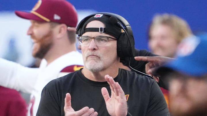 Nov 3, 2024; East Rutherford, New Jersey, USA; Washington Commanders head coach Dan Quinn against the New York Giants at MetLife Stadium. Mandatory Credit: Robert Deutsch-Imagn Images