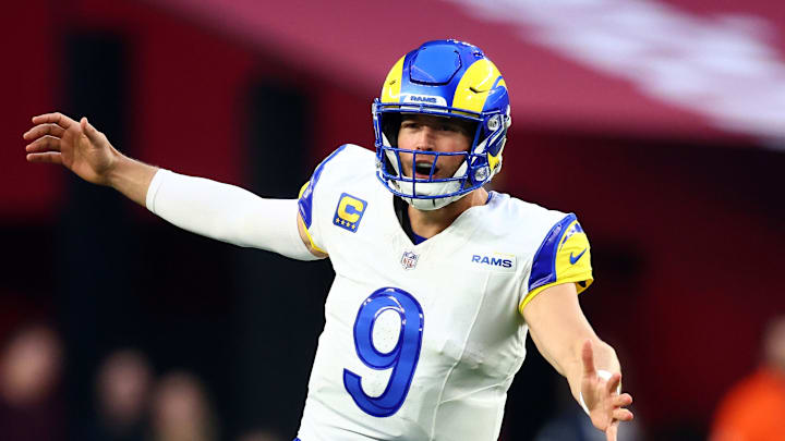 Dec 7, 2025; Glendale, Arizona, USA; Los Angeles Rams quarterback Matthew Stafford (9) reacts against the Arizona Cardinals during the second half at State Farm Stadium. Mandatory Credit: Mark J. Rebilas-Imagn Images Dec 7, 2025; Glendale, Arizona, USA; Los Angeles Rams quarterback Matthew Stafford (9) reacts against the Arizona Cardinals during the second half at State Farm Stadium. Mandatory Credit: Mark J. Rebilas-Imagn Images