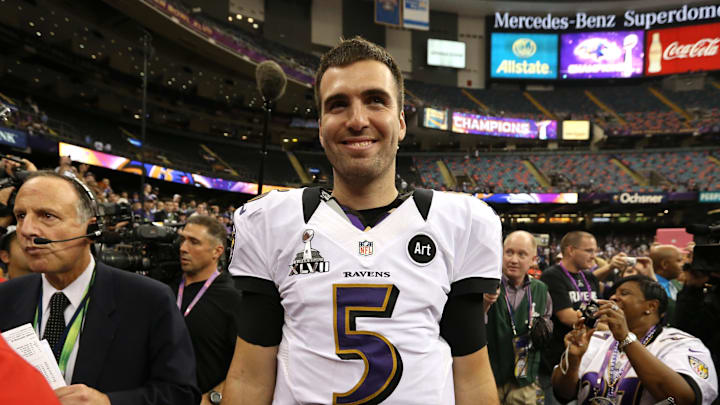 Feb 3, 2013; New Orleans, LA, USA; Baltimore Ravens quarterback Joe Flacco (5) smiles after defeating the San Francisco 49ers 34-31 in Super Bowl XLVII at the Mercedes-Benz Superdome.Mandatory Credit: Matthew Emmons-Imagn Images Feb 3, 2013; New Orleans, LA, USA; Baltimore Ravens quarterback Joe Flacco (5) smiles after defeating the San Francisco 49ers 34-31 in Super Bowl XLVII at the Mercedes-Benz Superdome.Mandatory Credit: Matthew Emmons-Imagn Images