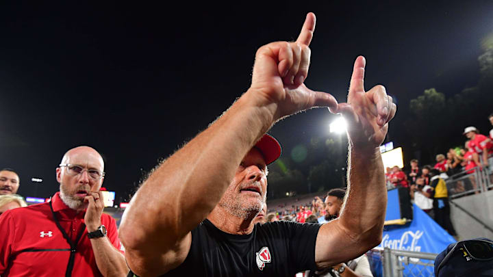 Utah Utes head coach Kyle Whittingham celebrates the victory against the UCLA Bruins at Rose Bowl. Utah Utes head coach Kyle Whittingham celebrates the victory against the UCLA Bruins at Rose Bowl.