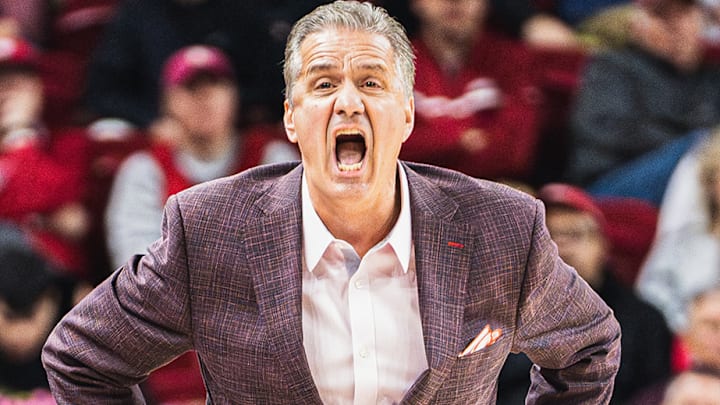 John Calipari yells instructions from the sideline in Arkansas' SEC home opener inside Bud Walton Arena against Ole Miss. 