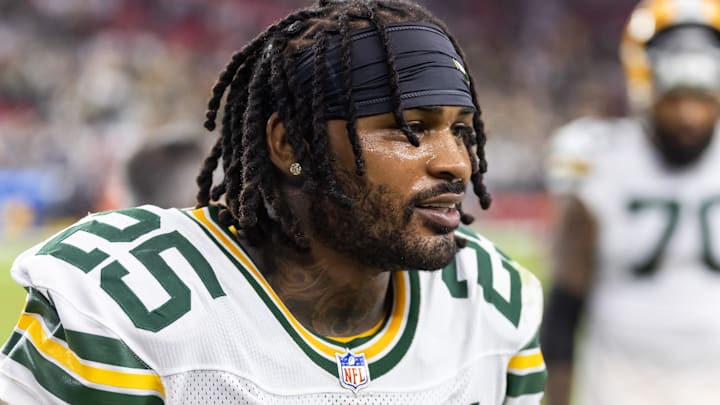 Oct 19, 2025; Glendale, Arizona, USA; Green Bay Packers cornerback Keisean Nixon (25) against the Arizona Cardinals at State Farm Stadium. Oct 19, 2025; Glendale, Arizona, USA; Green Bay Packers cornerback Keisean Nixon (25) against the Arizona Cardinals at State Farm Stadium.