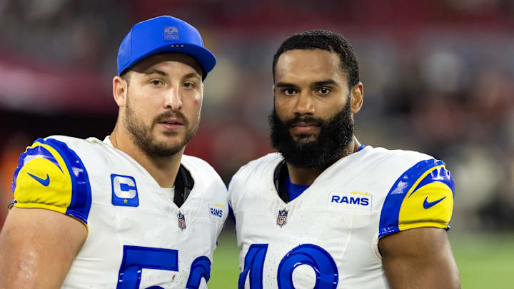Dec 7, 2025; Glendale, Arizona, USA; Los Angeles Rams linebacker Nate Landman (53) and Omar Speights (48) against the Arizona Cardinals at State Farm Stadium. Mandatory Credit: Mark J. Rebilas-Imagn Images