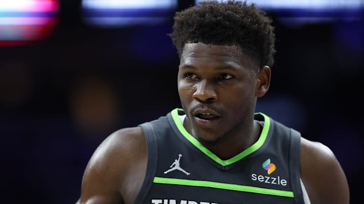 Apr 3, 2026; Philadelphia, Pennsylvania, USA; Minnesota Timberwolves guard Anthony Edwards (5) looks on against the Philadelphia 76ers during the second quarter at Xfinity Mobile Arena. Apr 3, 2026; Philadelphia, Pennsylvania, USA; Minnesota Timberwolves guard Anthony Edwards (5) looks on against the Philadelphia 76ers during the second quarter at Xfinity Mobile Arena.
