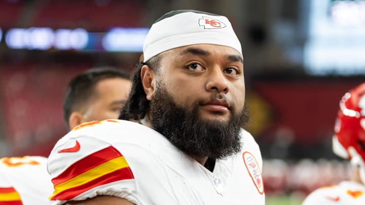 Aug 9, 2025; Glendale, Arizona, USA; Kansas City Chiefs offensive tackle Esa Pole (79) against the Arizona Cardinals during a preseason NFL game at State Farm Stadium. Mandatory Credit: Mark J. Rebilas-Imagn Images