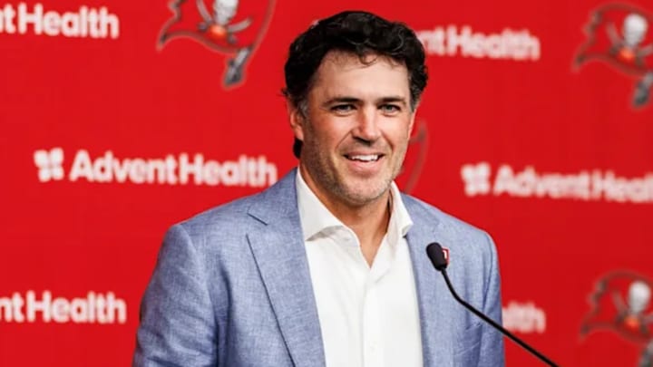 TAMPA, FL - January 27, 2026 - Offensive Coordinator Zac Robinson of the Tampa Bay Buccaneers during his introductory press conference at AdventHealth Training Center. Photo By Tori Richman/Tampa Bay Buccaneers