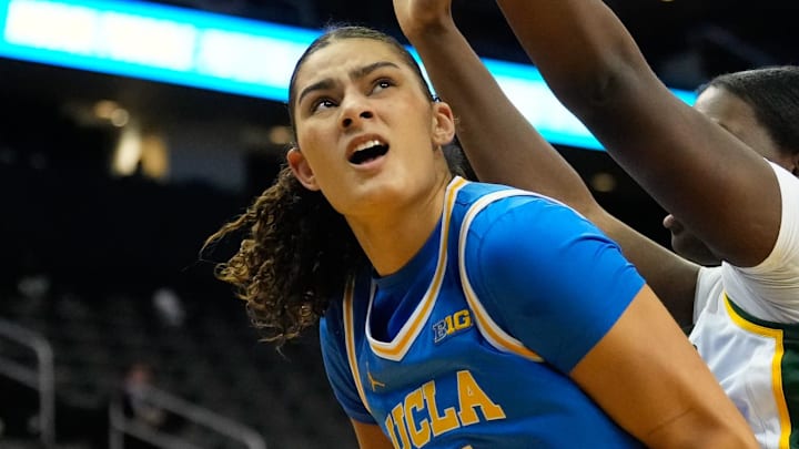 Jan 20, 2025; Newark, New Jersey, USA;  UCLA Bruins center Lauren Betts (51) looks to score against Baylor Lady Bears center Aaronette Vonleh (21) during the second half at Prudential Center. Mandatory Credit: Chris Jones-Imagn Images