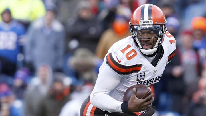 Dec 18, 2016; Orchard Park, NY, USA; Buffalo Bills defensive end Kyle Williams (95) sacks Cleveland Browns quarterback Robert Griffin III (10) during the second half at New Era Field. Buffalo beats Cleveland 33 to 13. Mandatory Credit: Timothy T. Ludwig-Imagn Images