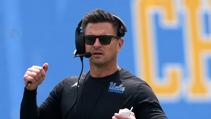 May 2, 2026; Pasadena, CA, USA; UCLA Bruins coach Bob Chesney reacts during the spring game at Rose Bowl. Mandatory Credit: Kirby Lee-Imagn Images May 2, 2026; Pasadena, CA, USA; UCLA Bruins coach Bob Chesney reacts during the spring game at Rose Bowl. Mandatory Credit: Kirby Lee-Imagn Images