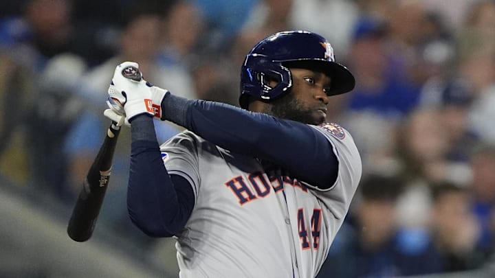 Houston Astros designated hitter Yordan Alvarez (44) hits a single against the Toronto Blue Jays during the third inning at Rogers Centre. 