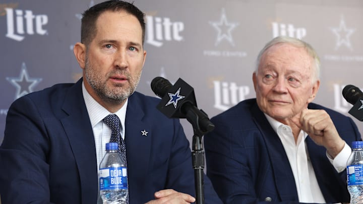 Dallas Cowboys Head Coach Brian Schottenheimer and owner Jerry Jones speak to the media at a press conference.