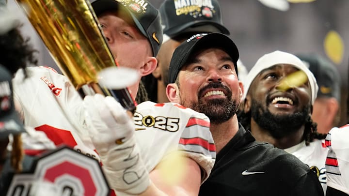Ohio State Buckeyes head coach Ryan Day celebrates during the trophy ceremony following the 34-23 win over the Notre Dame Fighting Irish to win the College Football Playoff National Championship at Mercedes-Benz Stadium in Atlanta on Jan. 21, 2025.