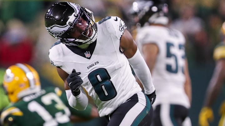 Philadelphia Eagles cornerback Adoree' Jackson reacts after breaking up a pass intended for Green Bay Packers wide receiver Dontayvion Wicks (13) on Monday, November 10, 2025, at Lambeau Field in Green Bay, Wis. The Eagles won the game, 10-7.