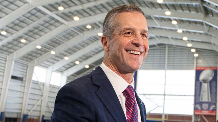 New Giants Head Coach John Harbaugh speaks with members of the media during a press conference welcoming Harbaugh at the Quest Diagnostics Training Center in East Rutherford on Tuesday, Jan. 20, 2025.